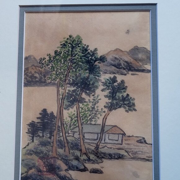 VINTAGE CHINESE LANDSCAPE SCENE PAINTING RED SEAL MARK FRAMED GOLD FRAME GUC - Picture 2 of 9
